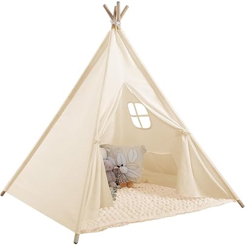 Monobeach Teepee Tent for Kids Foldable Children Play Tent for Girl and Boy with Carry Case 4 Poles White Canvas Playhouse Toy for Indoor and Outdoor Games (White)