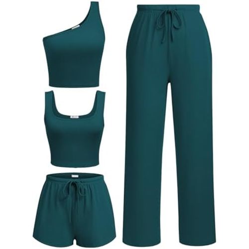 Ekouaer Womens 4 Piece Lounge Sets Ribbed Knit Crop Tank Top and Shorts Pants Casual Outfits