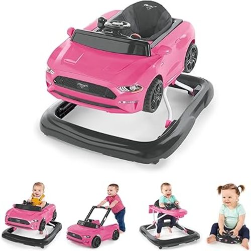 Bright Starts Ford Mustang 4-in-1 Pink Baby Activity Center & Push Walker with Removable Interactive Steering Wheel -Toy, 6 Months and up