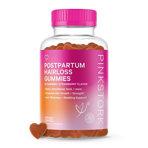 Pink Stork Postpartum Hair Loss Gummies: Hair Skin and Nails Vitamins, Postnatal Vitamins, Biotin for Hair Regrowth + Strengthening, Postpartum Essentials for Moms, Women-Owned, 60 Strawberry Gummies