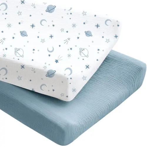 Konssy 2 Pack Muslin Changing Pad Covers for Boys, Ultra Soft & Breathable Cotton Baby Diaper Changing Table Covers, Neutral Nursery Diaper Changing Pad Sheets (Star,Blue)