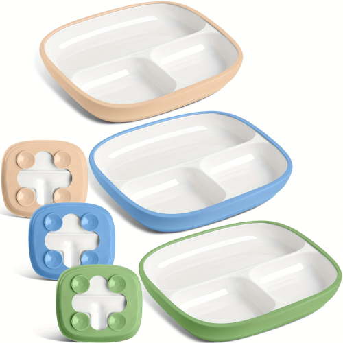 3 Set Porcelain Plates with Silicone Sleeves | 8.2 Inch Divided White Suction Dishes | Microwave & Dishwasher Safe for Troubleless Eating (Vivid)