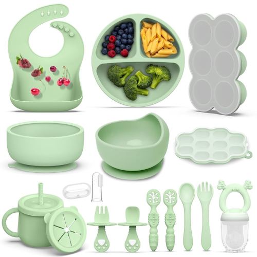 16 Pack Silicone Baby Feeding Set, BPA-Free Baby LED Weaning Supplies, Include Suction Plates, Baby Bowls, Silicone Fork & Spoon, and More, First Stage Baby Food Eating Utensils - 6+ Months(Green, 16)