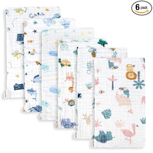 Maliton Muslin Baby Burp Cloths 6 Pack Large 20''x10'' 100% Cotton Burp Rags Absorbent and Soft 6 Layers Muslin Cloth Baby Essentials for Newborn(Zoo Pattern, Pack of 6)
