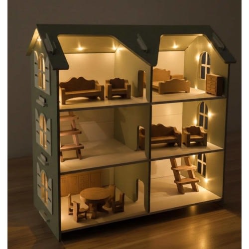 Handmade Wooden Dollhouse with LED Lights & Furniture – Montessori Play House