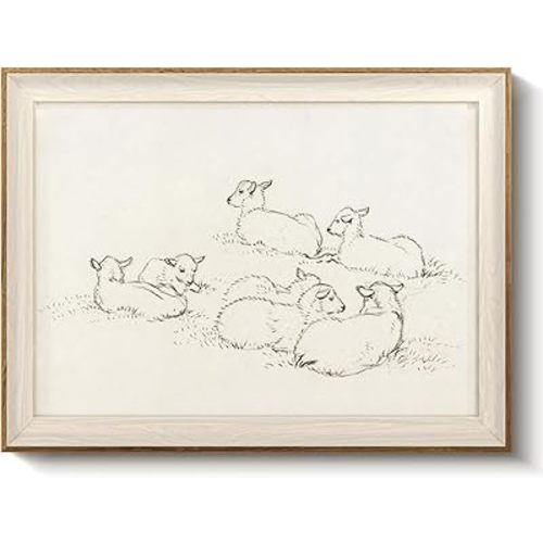 VIYYIEA Framed Christian Resting Lambs Wall Art, Minimalist Farmhouse Sketch Home Decor, Serene Canvas Painting for Nursery, Living Room and Bedroom, 12x16 Inch
