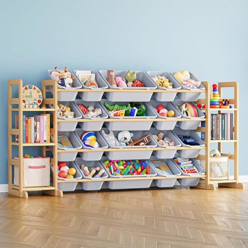 SpaceAid Toy Storage Organizer with 6 Shelves and 12 Bins, Toy Organizers Storage Bookshelf, Kids Bin Shelf Toys Box Bookcase for Bedroom Playroom Organization Room Decor, Neutral Gray