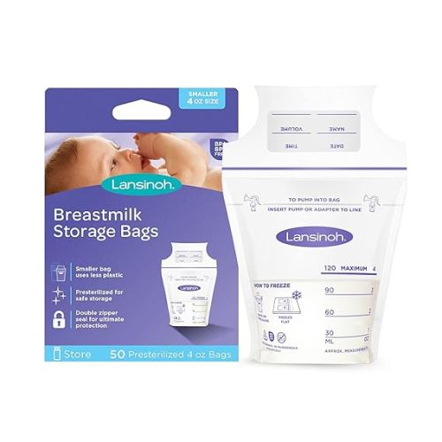Lansinoh Breastmilk Storage Bags, 50 Count, Baby Essentials, Fast Freeze & Thaw Breast Milk Bags for Baby Bottle Feeding, Strength & Stretch, 4 Ounce