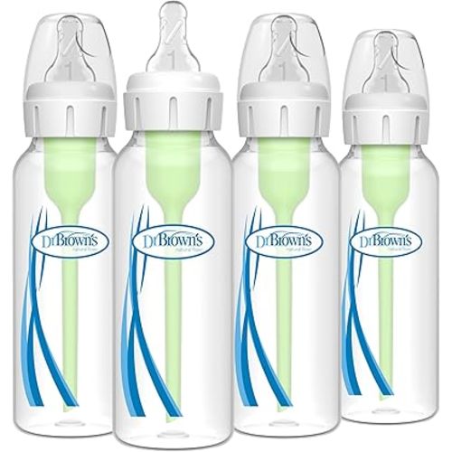 Dr. Brown's Natural Flow Anti-Colic Options+ Narrow Baby Bottle, 8 oz/250 mL, with Level 1 Slow Flow Nipples, 0m+, 4 Pack