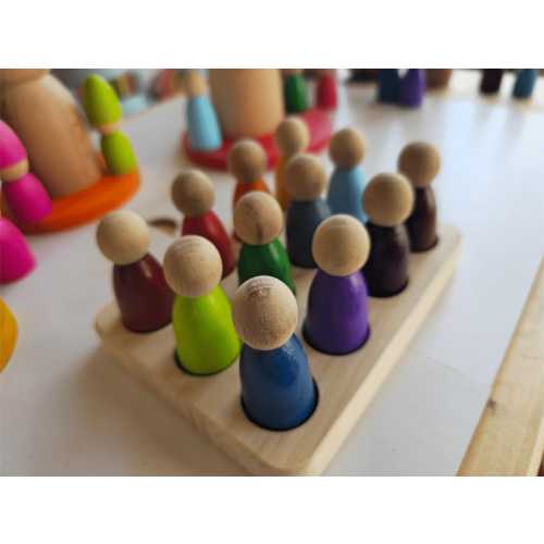 Wooden Peg Dolls & Sorting Board Set | Montessori Learning Material | Rainbow Wooden Figures | 12+1 Pieces