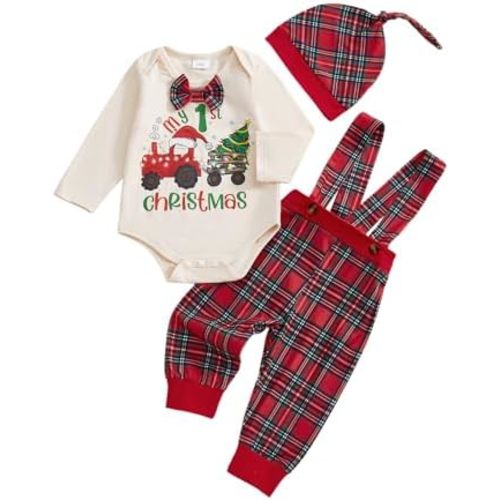 My First Christmas Baby Boy Outfit Newborn Infant My 1st Christmas Truck Romper Plaid Suspender Pants Gentleman Set