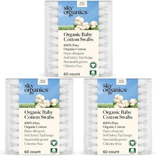 Sky Organics - Organic Baby Cotton Swabs, 60 ct. - Ultra Soft Baby Safe Tips - Strong & Durable - Hypoallergenic - Chlorine Free - Natural, Vegan & Cruelty Free - Skin Care & Baby Care (Pack of 3)