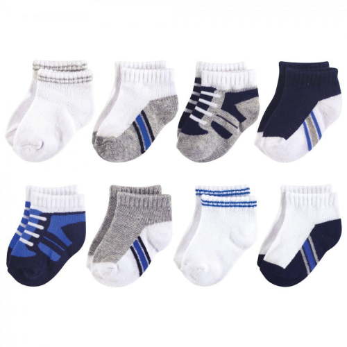 Luvable Friends Baby Boy Fun Essential Socks, Sneaker Blue Gray 8-Pack, 0-6 Months