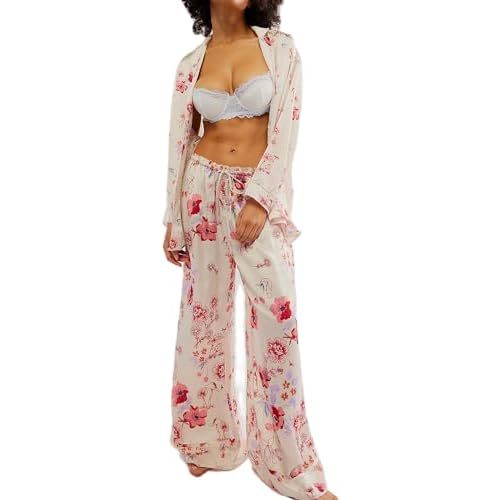 Women Satin Pajama Set Floral Silk Pajamas 2 Piece Lounge Sets Button Down Shirts Wide Leg Pants Pjs Sleepwear