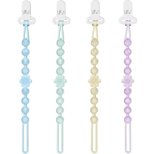 Silicone Pacifier Clip Holder with One-Piece Beads, 4 Packs Soft Flexible and Rust-Free Binky Pacifiers Clips for Teething Relief Baby Essentials Accessories, Safe for Boy and Girl