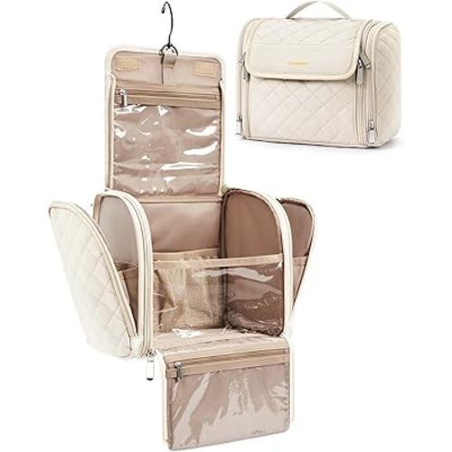 BAGSMART Toiletry Bag Travel Makeup Bag with Hanging Hook, Cosmetic Bag Make Organizer Case, Large Capacity Water-resistant Organizer for Toiletries Accessories Brushes Sponge, Beige