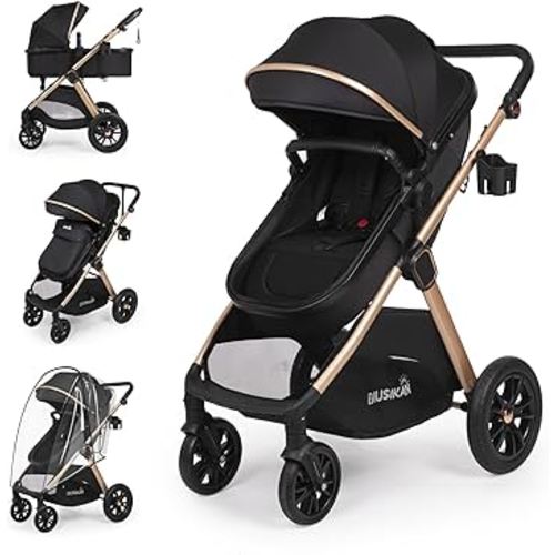 6-in-1 Convertible Baby Stroller with Bassinet Pushchair - Folding Infant Newborn Stroller w/Footmuff, Rain Cover, Cup Holder & Large Storage, Toddler w/All-Scene Large Wheels, Reversible Seat(Black)