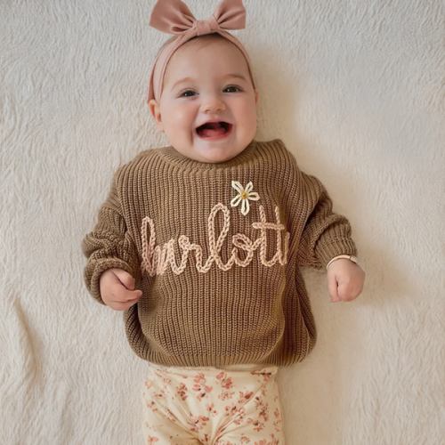 Personalized Baby Name Sweater – Hand Embroidered Knit Outfit, Newborn – KnittyBaby