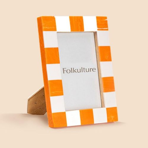 Folkulture Picture Frames 5 x 7" Orange Resin Checkered Picture Frame Photo Wall Display Gifts