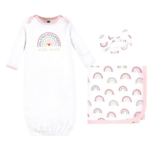 Hudson Baby Infant Girl Gown, Swaddle Blanket and Cap or Headband, Modern Rainbow, 0-6 Months