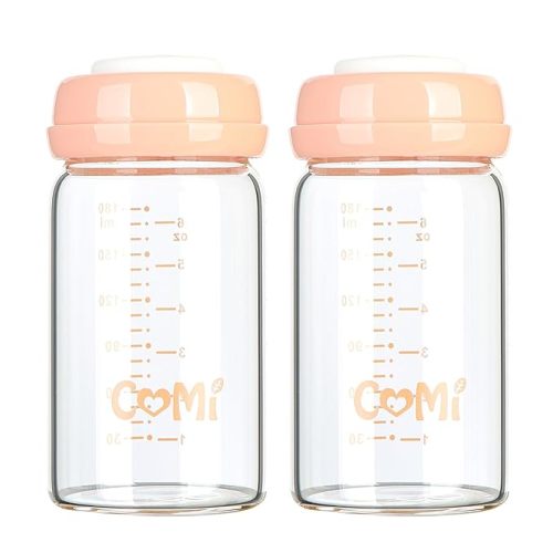 COMI Wide Neck Glass Breastmilk Collection n Storage Bottle, 4 Packs, 6oz with Screw Ring Sealing Disk; Re-markable Sealing Disc. BPA Free, Fits Breast Pumps & Nipples (4 Gray Lids)