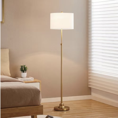 63.5 in. Antique Brass Adjustable Standard Floor Lamp with White Linen Shade