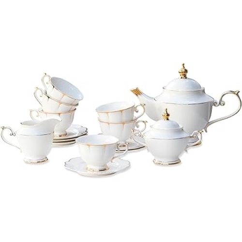 ACMLIFE Tea Sets for Adults Fine Bone China Tea Set for 6, Porcelain Teapot Sets for Adults 24K Gold, Afternoon Modern Cups and Saucers for Women Tea Party or Gifts Giving (White)