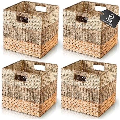 CHI AN HOME 12x12 Storage Cube Bins Wicker Storage Basket for Cube Shelf, Natural Foldable Square Baskets for Storage, Large Woven Cube Storage Bin with Handle, Baskets for Pantry, Bedroom Set of 4