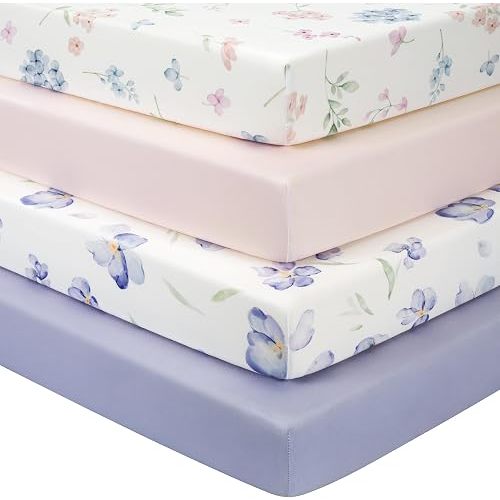FIEMOL Baby Crib Sheets Girl, Toddler Bed Sheets Fitted for 52”x28”Standard Crib and Toddler Mattresses, 4 Pack Soft Breathable Stretchy Pink Purple Floral