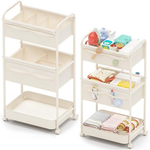 Baby Diaper Caddy, Premium Metal& Felt Movable Cart with Dividers for Newborn Nursery Essentials, Large Capacity Rolling Diaper Storage Caddy Organizer for Changing Table &Crib, Easy Assembly