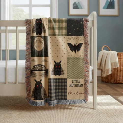 Personalized Mothman Woven Baby Blanket, Cryptid Nursery Throw, Gothic Cottagecore Decor