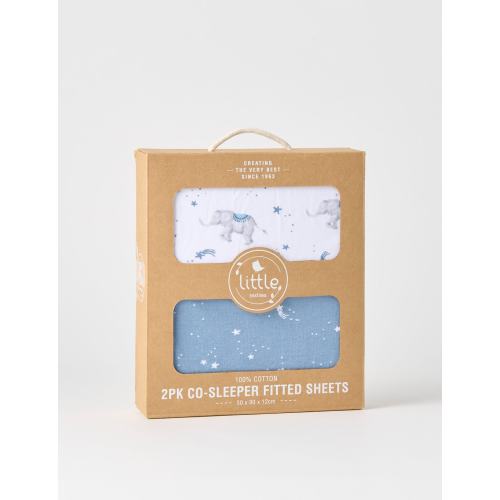 Little Textiles Co-Sleeper Fitted Sheet, 2-Pack, Elephants