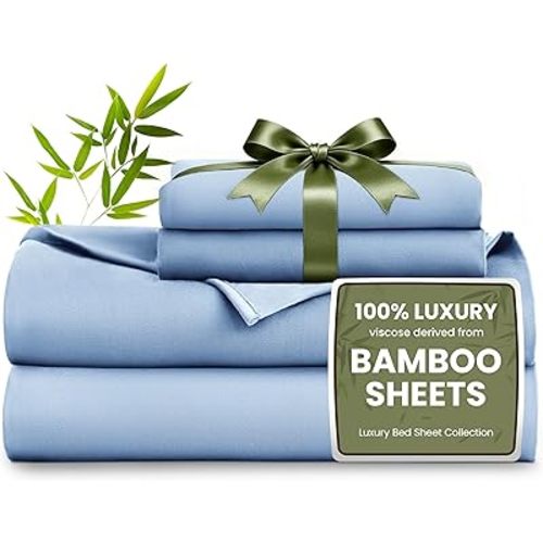 Love's cabin 3 Piece Twin Sheet Set, Cooling Sheets, 100% Rayon Derived from Bamboo, Breathable & Soft Twin Size Bed Set, Deep Pocket Up to 16", Hotel Luxury Silky Bedding Sheets, Mineral Blue