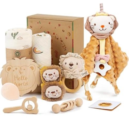 Lion Baby Gift Set for Baby Shower - 10 Piece Newborn Box with Muslin Swaddle Blanket, Lion Security Blanket, Wooden Rattles, Socks, Milestone Card, Brush and Card for Baby Boy or Girl