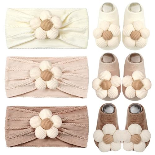 Baby Girls Headbands and Socks Newborn Flower Hairbands Non-Slip Grips Socks Nylon Hair Accessories Infants and Toddlers (Khaki, 6-12 Months)