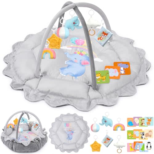 5-in-1 Baby Gym Play Mat with Cartoon Pattern, Extra Thick Plush Tummy Time Activity Gym with Hanging Toys, Sensory Development & Motor Skills Training Floor Mat, Elephant