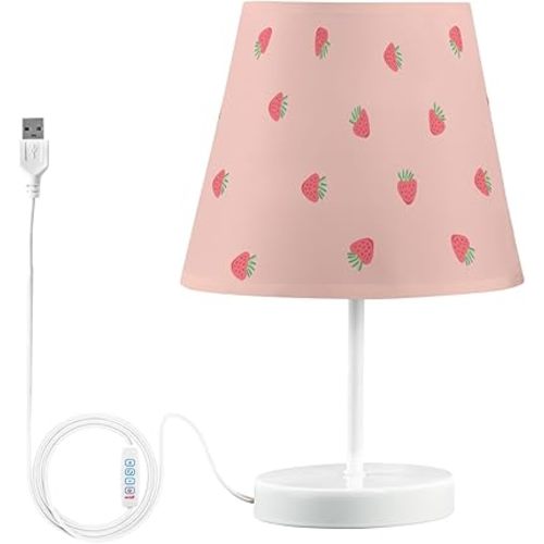 Sweet Cute Strawberry Pink 3 Colors Dimmable LED Table Lamp with USB Port,11.8" Linen Shade Bedside Nightstand Decor Night Light for Home Living Room Desk Cafe
