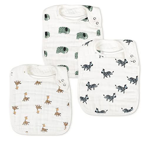 Snap Muslin Bibs for Boys & Girls,3-Pack Baby Bibs for Drooling and Teething,Cotton Muslin Absorbent & Soft Layers