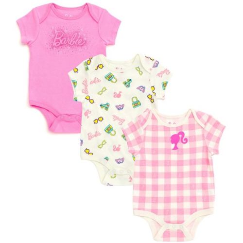Barbie Newborn Baby Girls 3 Pack Bodysuits Pink / White 6-9 Months