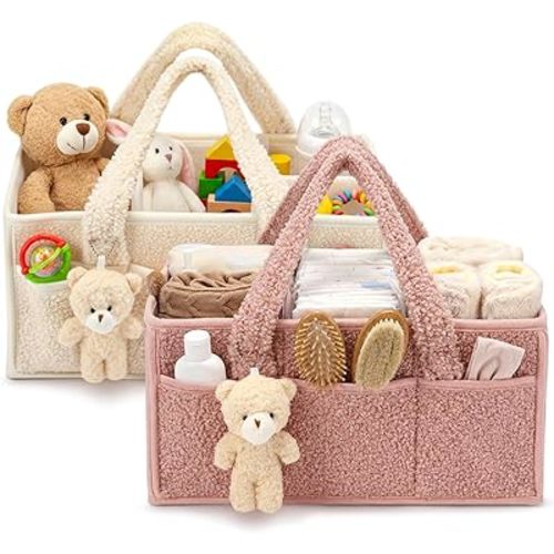 2 Pcs Baby Diaper Caddy Organizer with Handle Nursery Storage Bin and Car Organizer Storage Basket for Diapers, Wipes, Newborn Necessities Baby Shower Gifts(Powder Pink and Ivory)