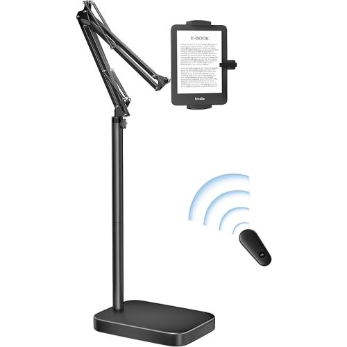 Kindle Floor Stand with Remote Page Turner, Tablet Stand with 11lb Stable Base, Adjustable Height Tablet Holder Mount, Compatible Kindles Tablets iPhones 4.7-12.9 inch