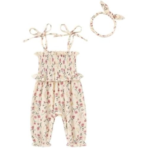 YOUNGER TREE Newborn Baby Girl Clothes Summer Sleeveless Smocked Romper with Headband Toddler Jumpsuit Outfits