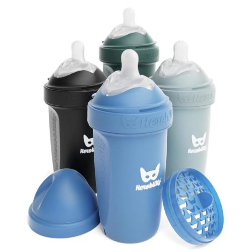 Herobility Double Anti-Colic Baby Bottles – 8.5 fl oz/240ml – 4-Pack – Multicolor – Denim, Black, Dusky Green, Gray