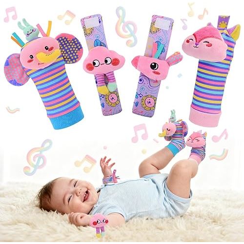 Baby Girls Wrist Rattle Socks and Foot Finder Set,Newborn Essentials Pink Unicorn Sensery Toys for Babies 0-12 Months Infant As Shower Gifts
