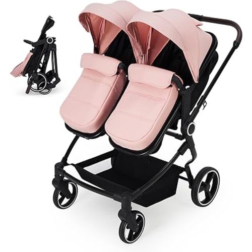 Tandem Double Stroller for Newborn and Toddler, Lightweight Compact Fold Stroller with Adjustable Recline & Canopy, Parent Cup Holders for Twins Infant Kids Travel, Pink