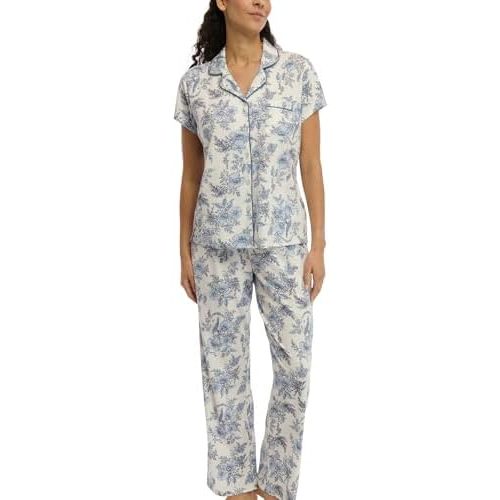 Laura Ashley Women's Pajamas 2 Piece Cotton Blend Notch Collar Button Down PJ Set