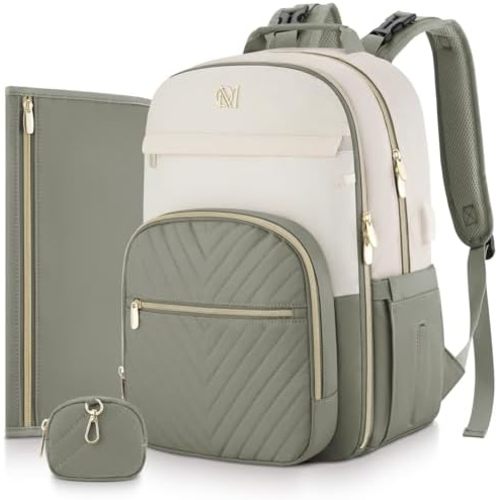 MOMUVO Diaper Bag Backpack, Quilted Baby Bag with Changing Pad & Stroller Straps & Pacifier Case, Large Travel Diaper Bags for Mom Dad, Green Beige