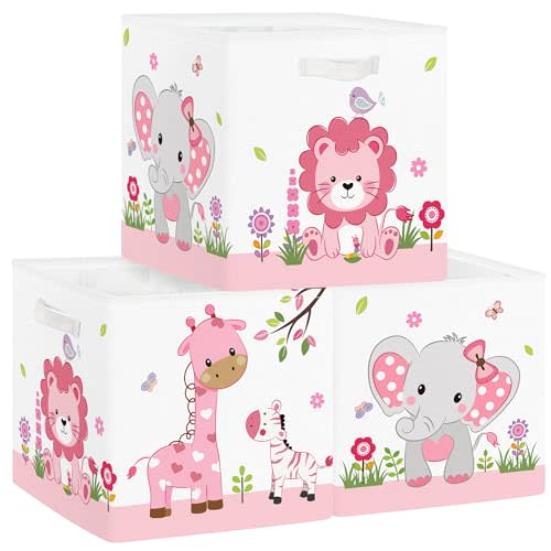 Clastyle Jungle Animal Kids Storage Cube Organizer Set Tree Closet Clothes Cube Storage Bin Nursery Toddler Toy Box Chest Boys Girls Book Shelf Basket,Pink,11.8x11.8x11.8 in