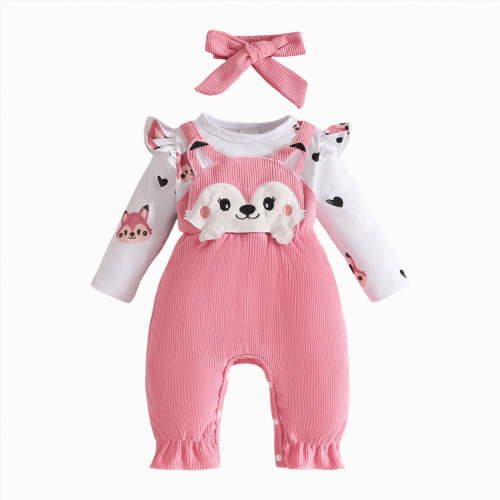 CAICJ98 Newborn Baby Girl Clothes Ruffle Sleeve Jumpsuit Corduroy Cute Romper+Headband Cute Fall Winter One Piece Outfit Pink,Size 9-12 Months