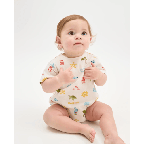 Baby Organic Cotton Short Sleeve Bubble Bodysuit - Beach Days Cream